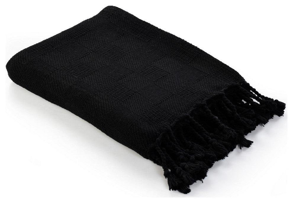Checkered Weave Throw Blanket with Fringe, Jet Black