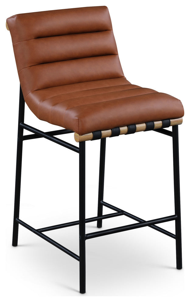 Burke Counter Stool, Cognac, Vegan Leather, White Oak Veneer Metal Dowel