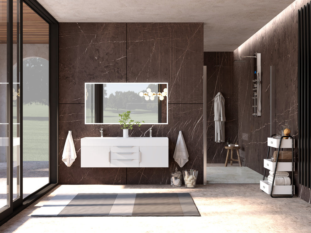 CastelloUSA Amazon 60" Wall Mounted Bathroom Vanity Set, White, White Top, Chrome Handles