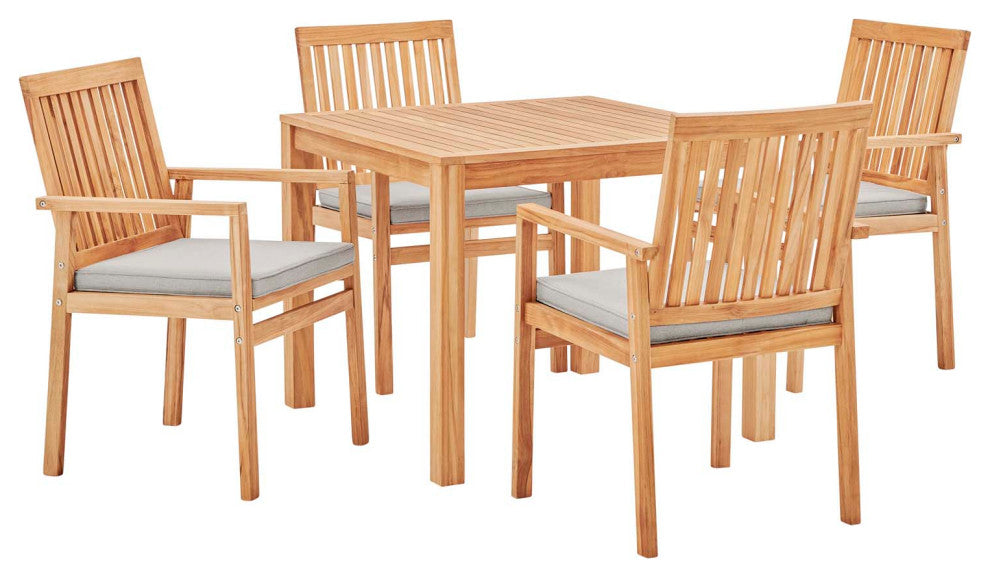 Side Dining Chair and Table Set, Wood, Brown Natural Taupe Gray, Modern, Outdoor