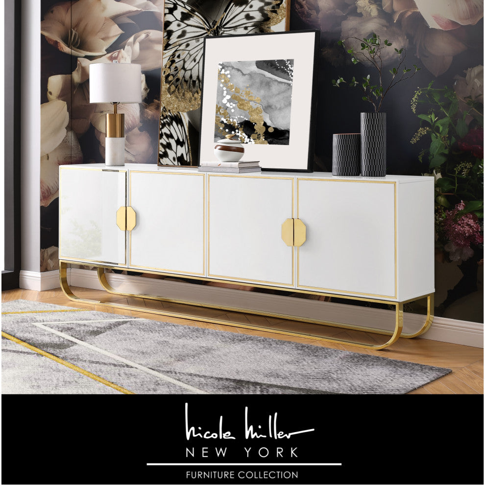 Nicole Miller Jacelynn Sideboard, White/Gold, 4-Door