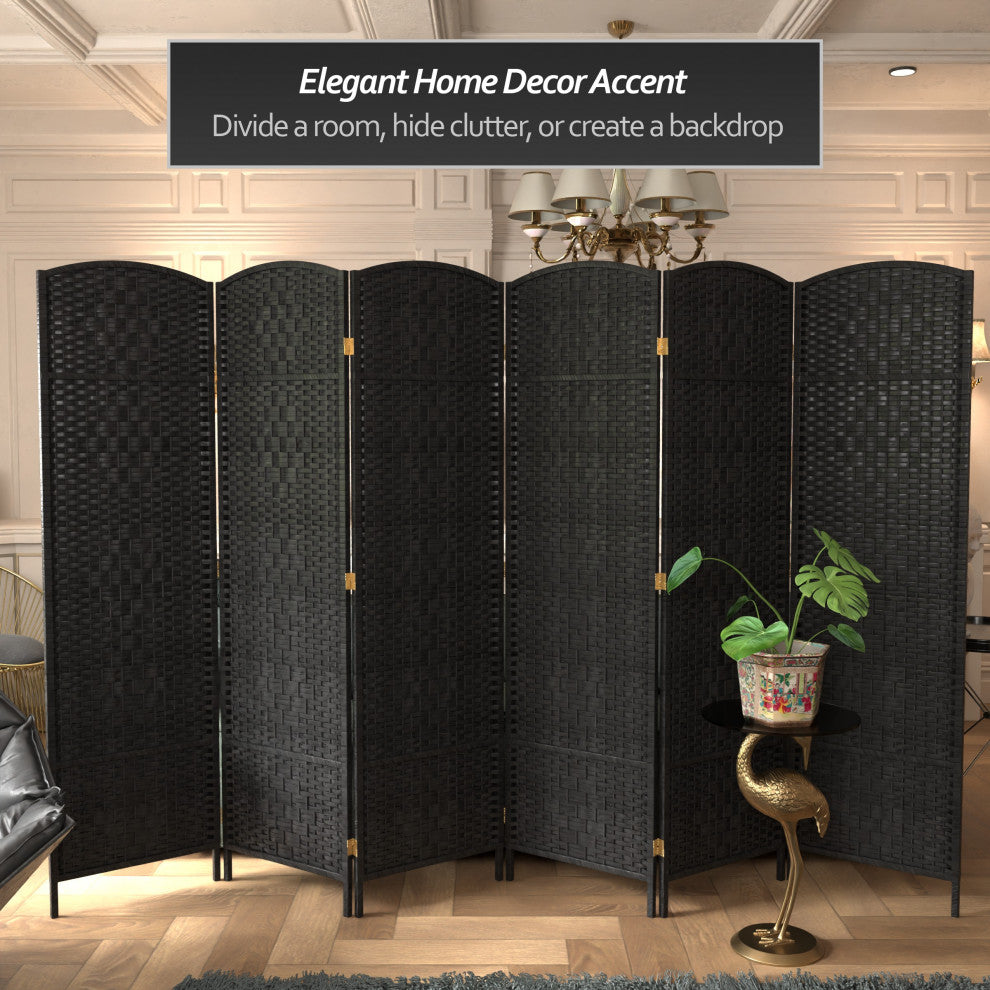 6' Tall Diamond Weave Fiber Room Divider, Black, 6 Panel
