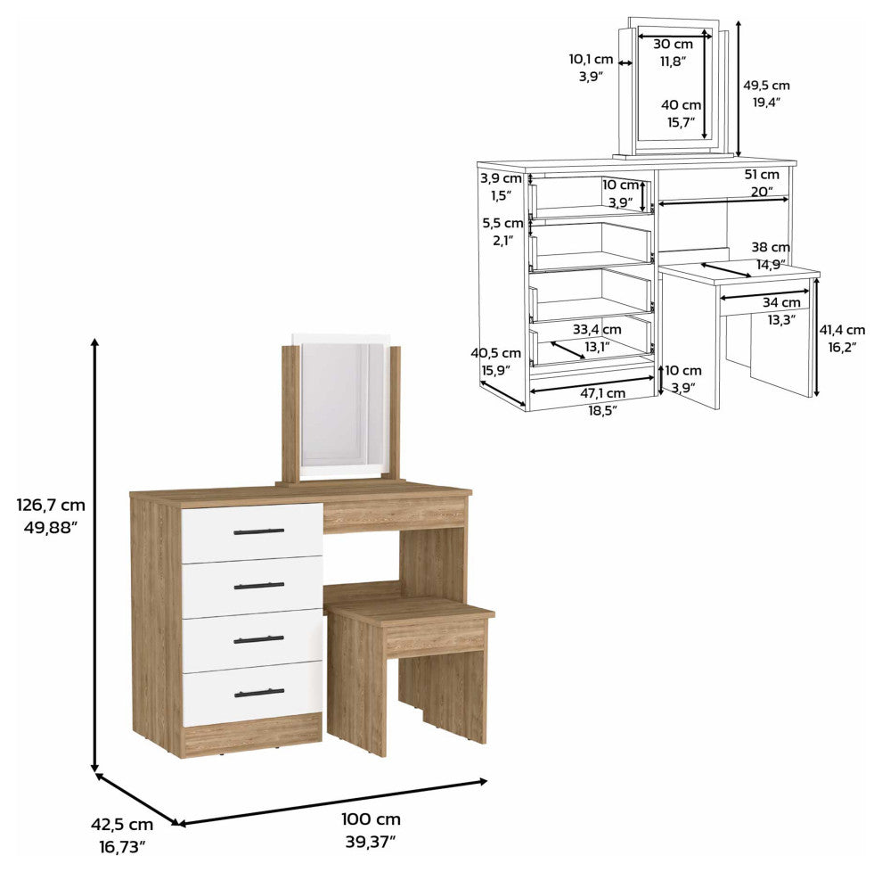 DEPOT E-SHOP Rose Makeup Dressing Table, White/Pine