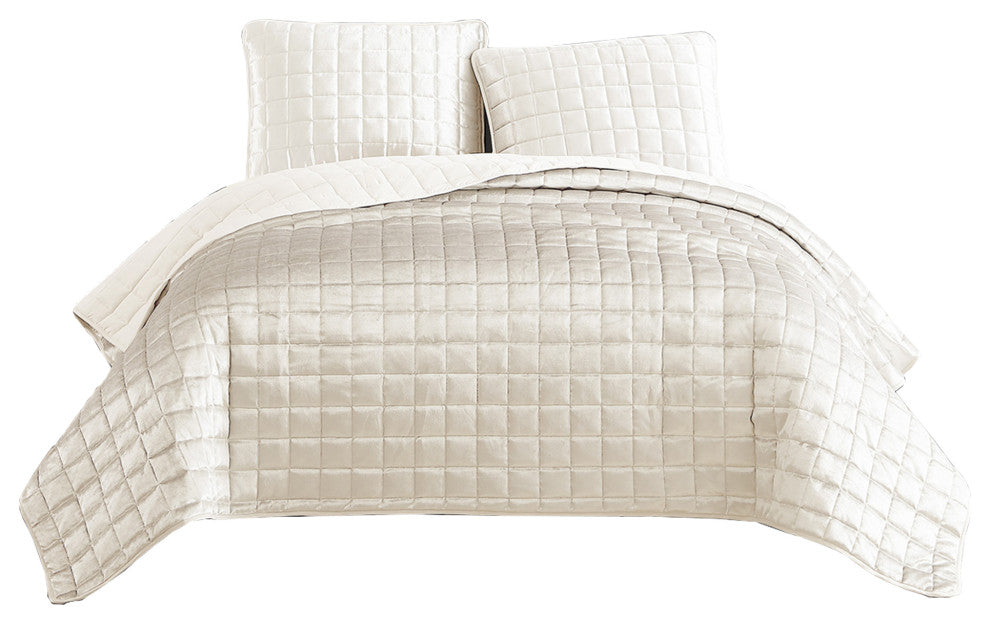 Benzara BM225233 3 Piece King Size Coverlet Set with Stitched Pattern, Cream