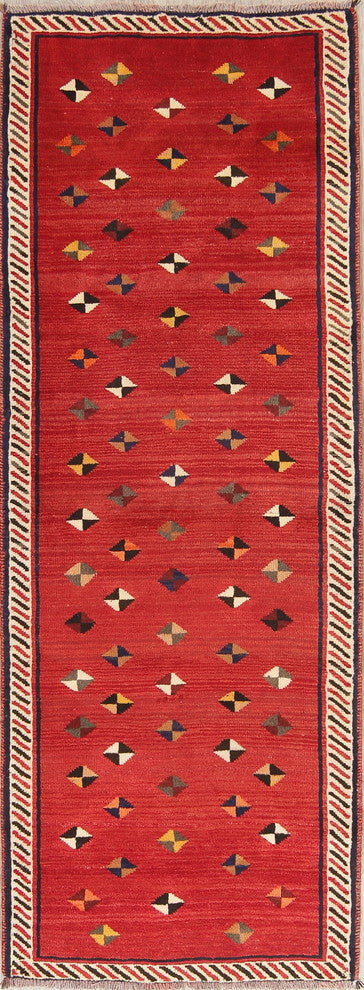 Consigned, Persian Gabbeh Wool Hand-Knotted Oriental Runner Rug, Red, 8'5"X3'2"
