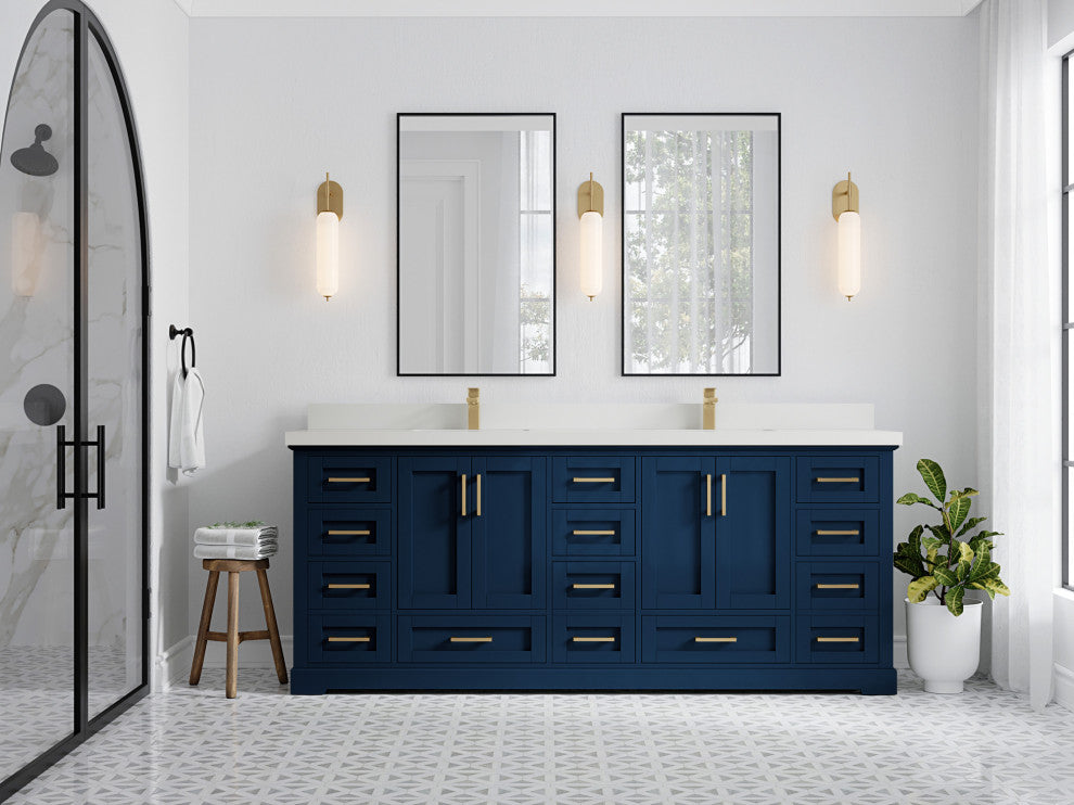 Boston 84 Double Sink Bath Vanity in Navy Blue 2" White Quartz