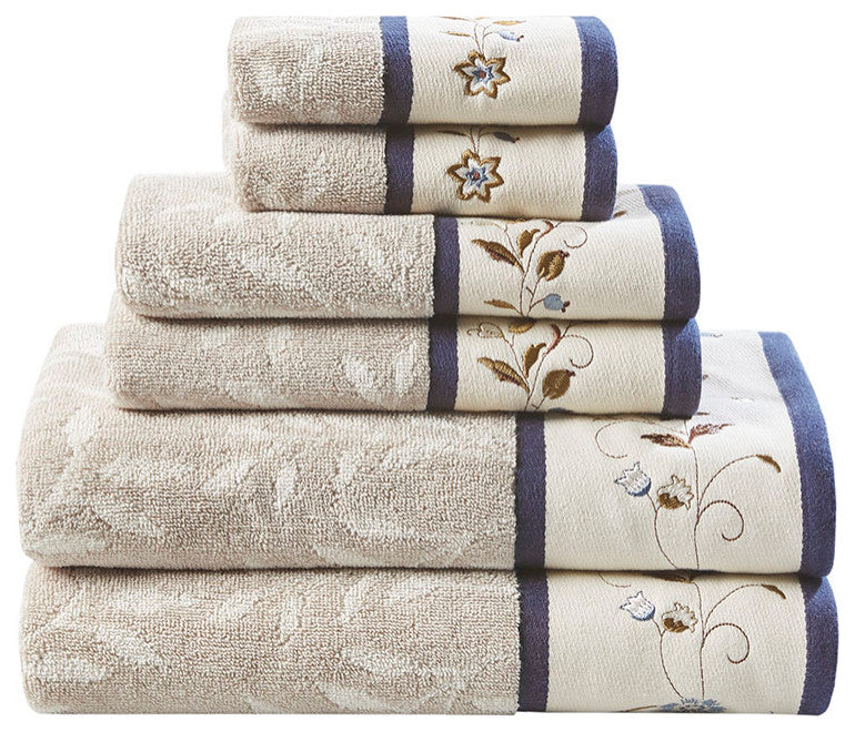 Madison Park Serene Cotton Jacquard Embroidered 6-Piece Towel Set, Navy Blue