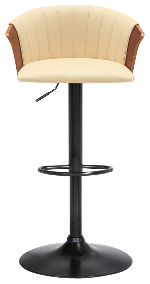 Lydia Adjustable Walnut Wood Bar Stool, Cream Faux Leather With Black Metal, Cream Faux