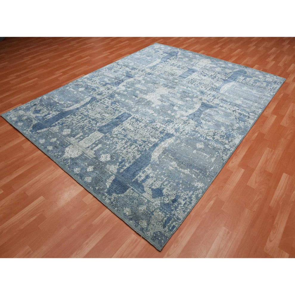 Blue Wool and Pure Silk Hand Knotted Jewellery Design Oriental Rug, 7'10"x10'0"