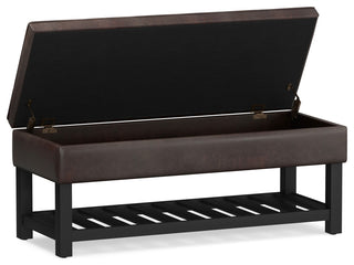 Cosmopolitan Storage Ottoman Bench With Open Bottom, Distressed Brown Faux Leather