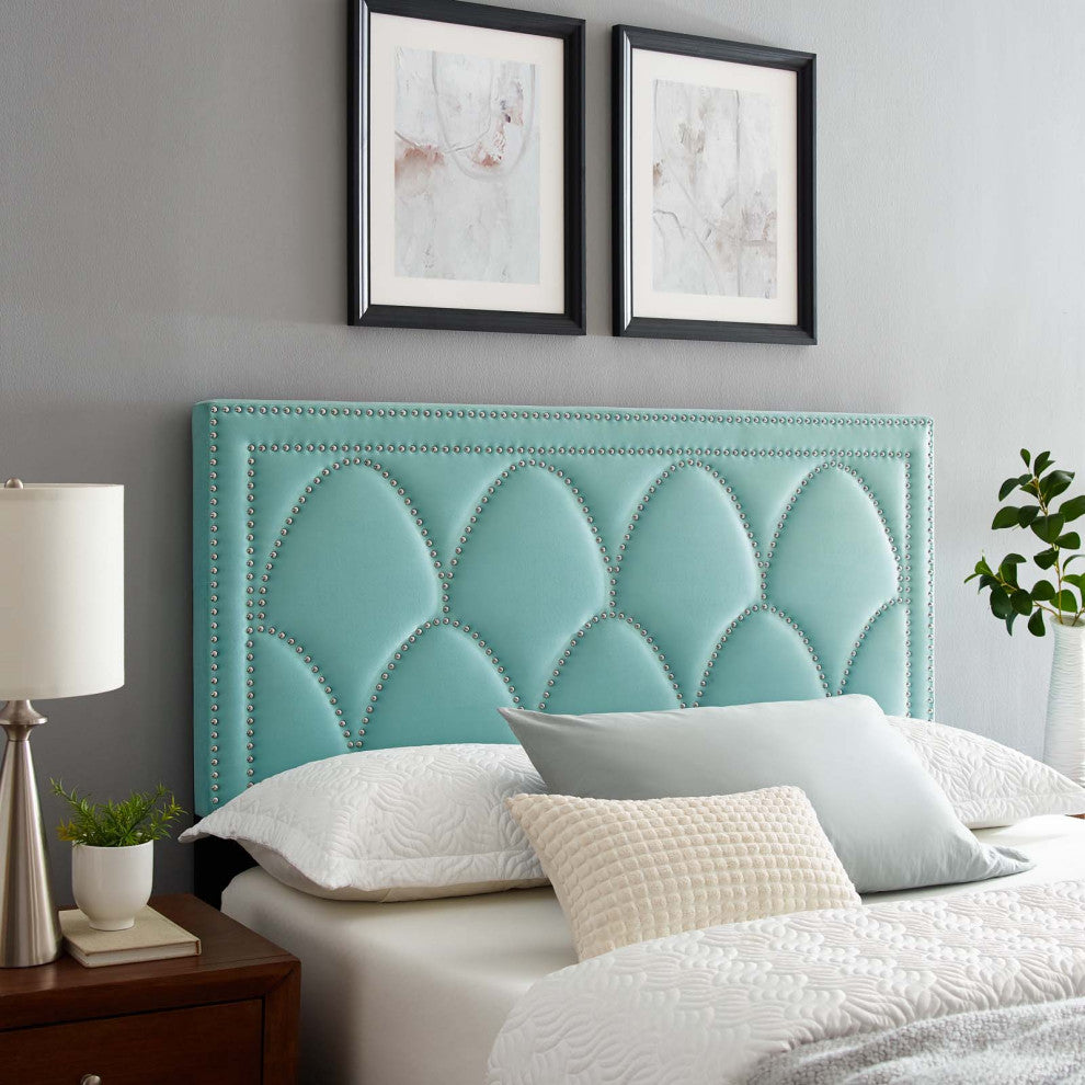 Headboard, Nailhead, King California Size, Blue, Velvet, Modern, Guest Suite