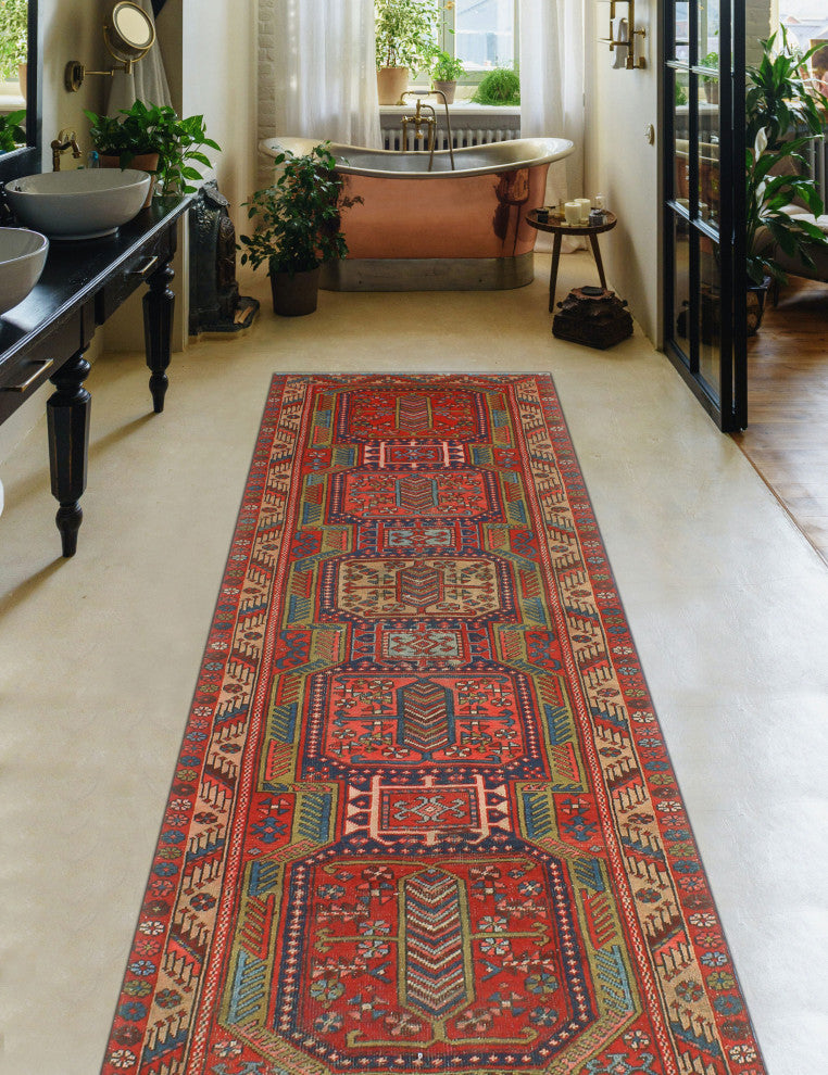 Fine Vintage Distressed Ebun Red/Blue Runner, 3'4x10'10