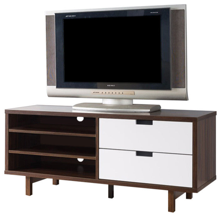 Two Toned Compact TV Stand With Display Decks, Dark Brown and White