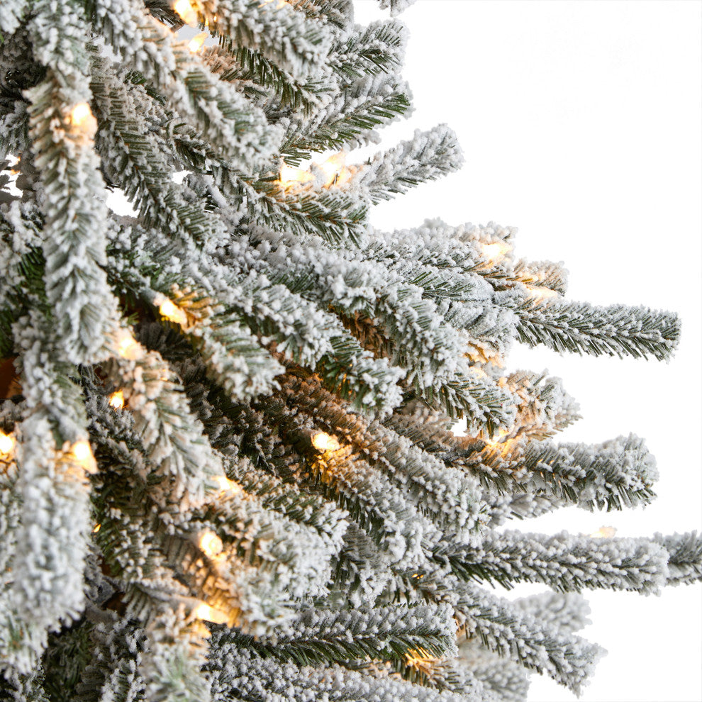 6' Flocked Long Vermont Pine Faux Xmas Tree W/758 Bendable Branches & 250 Lights