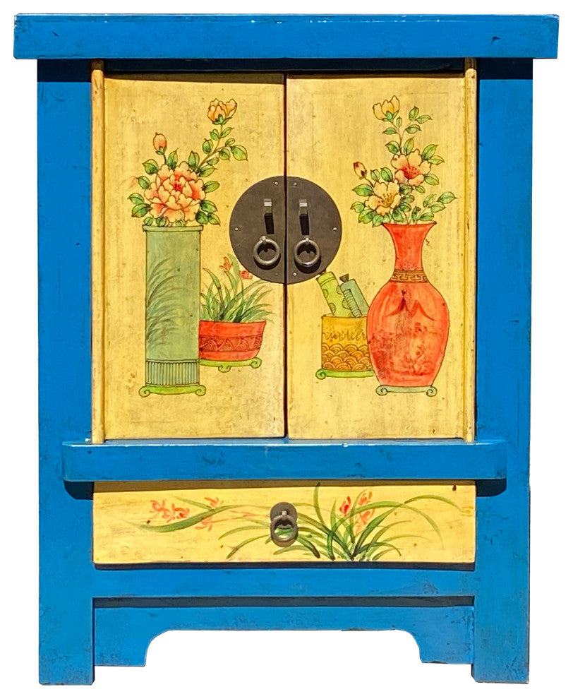 Chinese Rustic Bright Blue Yellow Graphic End Table Nightstand Hcs7355
