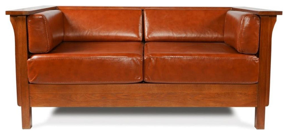 Arts and Crafts / Craftsman Cubic Panel Side Love Seat - Russet Brown Leather (R