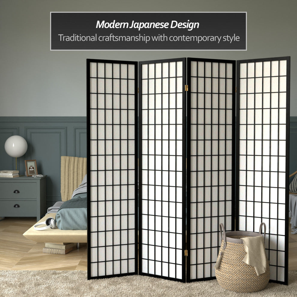 6'' Tall Window Pane Shoji Screen, Black, 4 Panels