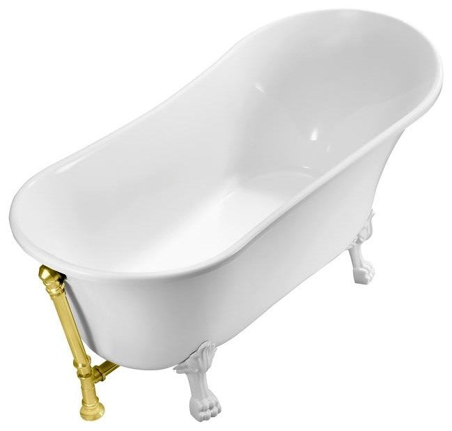 Soaking Clawfoot Tub With External Drain, 63", White/Gold