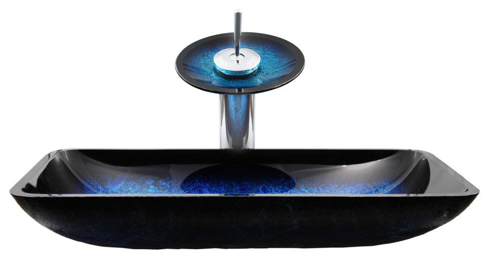 The Fresca Rectangle Shallow Blue Foiled Glass Bath Sink Combo Faucet Drain, Chrome