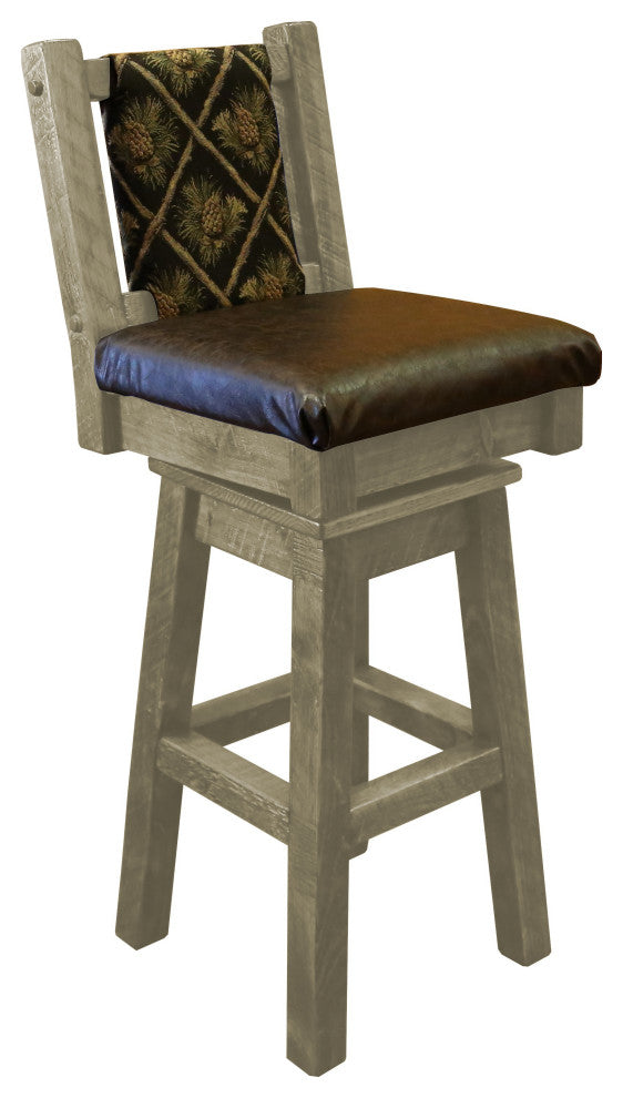Barnwood Style Timber Peg Swivel Upholstered Barstool, Frost, Black Pine Cone and Quarter Espresso, Counter Height