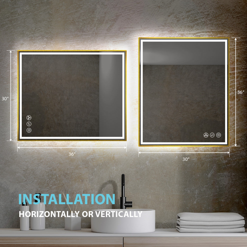 Fogless, Dimmable, Color Temperature Adjustable LED Mirror, Brush Gold, 30x36