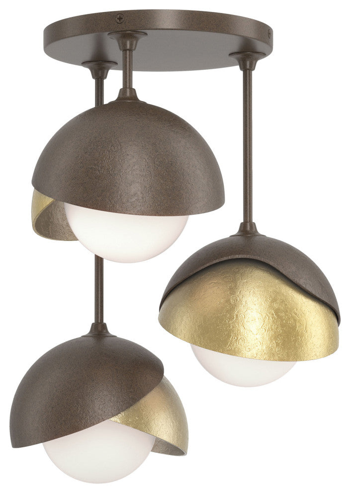 Brooklyn 3-Light Double Shade Semi-Flush, Bronze, Modern Brass, Opal Glass