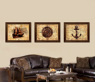 Compass Vintage Nautical Map Print on Canvas with Picture Frame, 18" x 23"