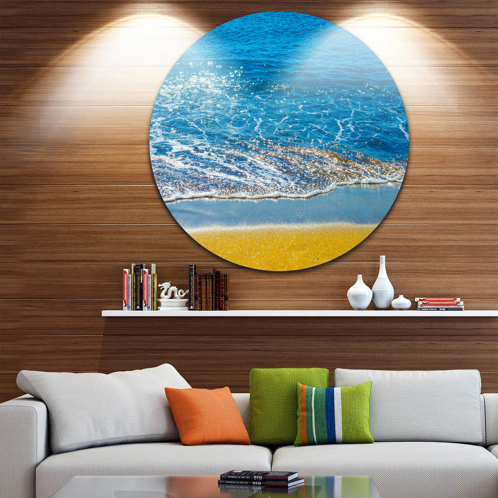 Sandy Beach And Calm Blue Sea Surf, Seascape Disc Metal Wall Art, 36"