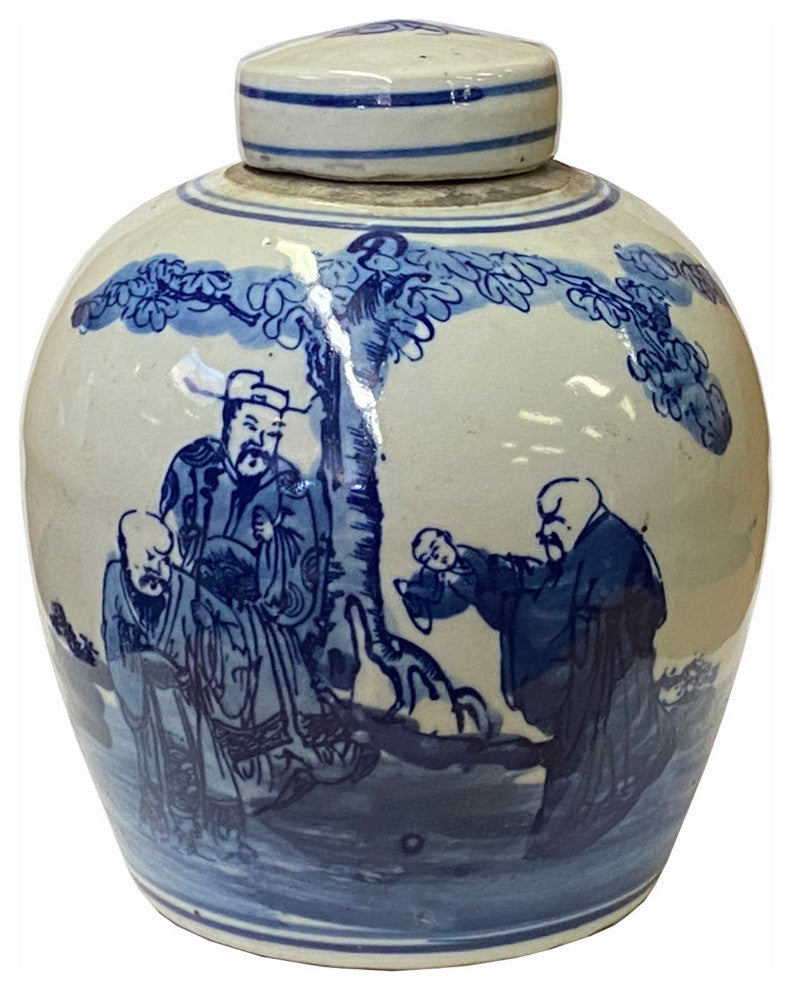 Chinese Oriental Small Blue White 3 Stars God Porcelain Ginger Jar Hws1871
