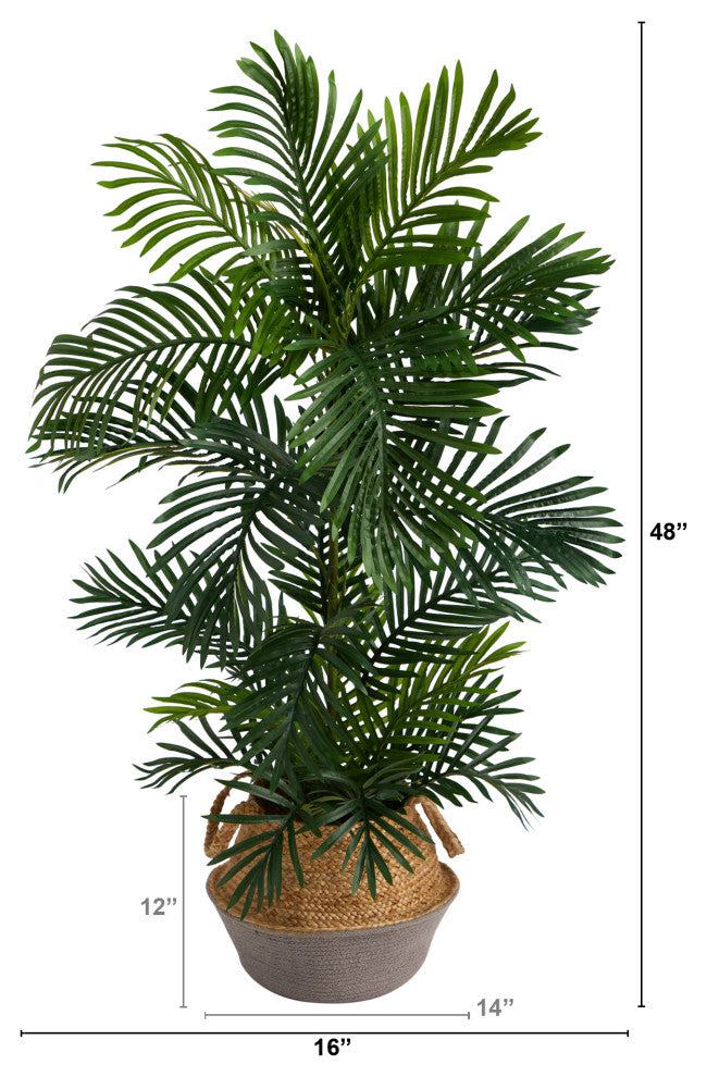 4' Areca Faux Palm Tree, Boho Chic Handmade Cotton & Jute Gray Woven Planter