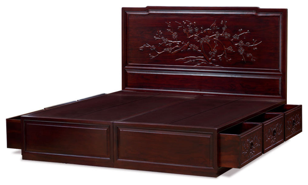 Dark Cherry Elmwood Flower and Bird King Size Oriental Platform Bed with Drawers