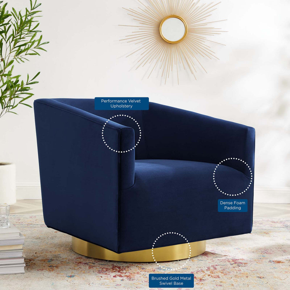 Armchair Accent Swivel Chair, Velvet, Gold Dark Blue, Modern, Lounge Hospitality