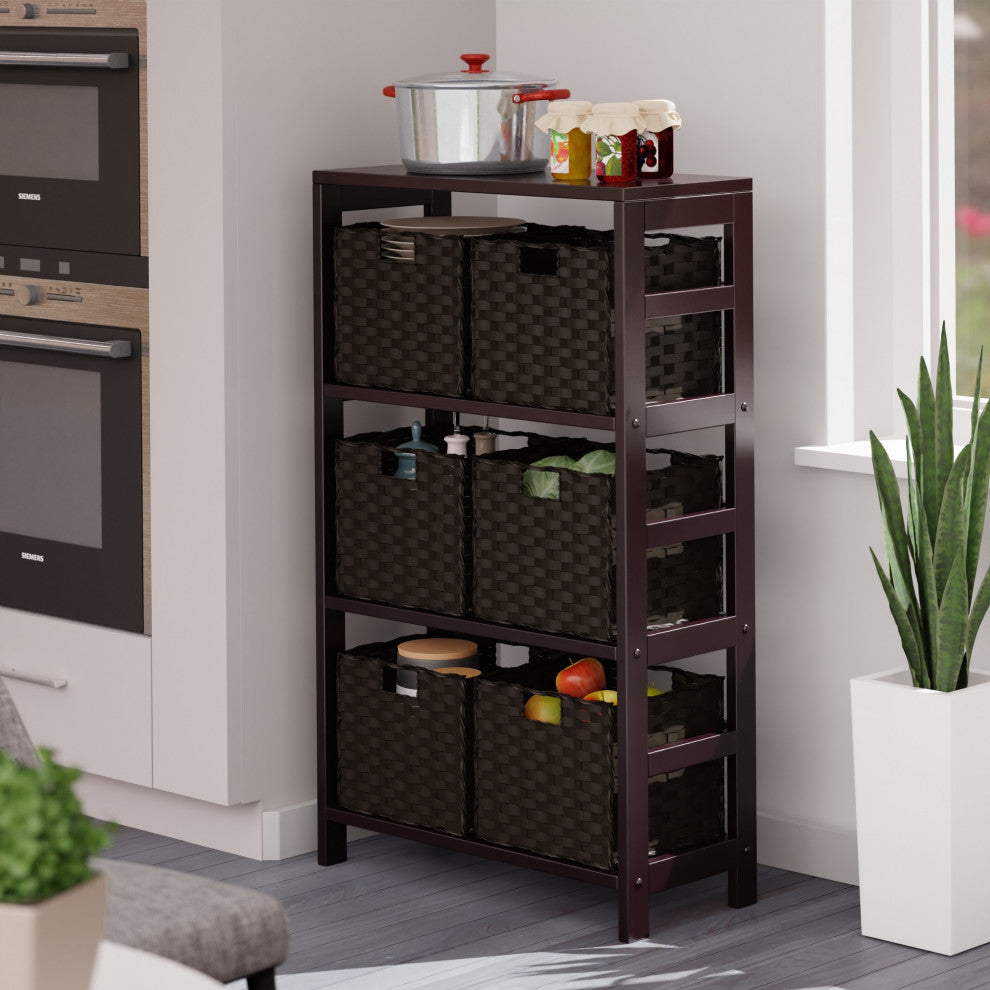 Leo 7-PieceStorage Shelf With 6 Foldable Woven Baskets, Espresso and Chocolate