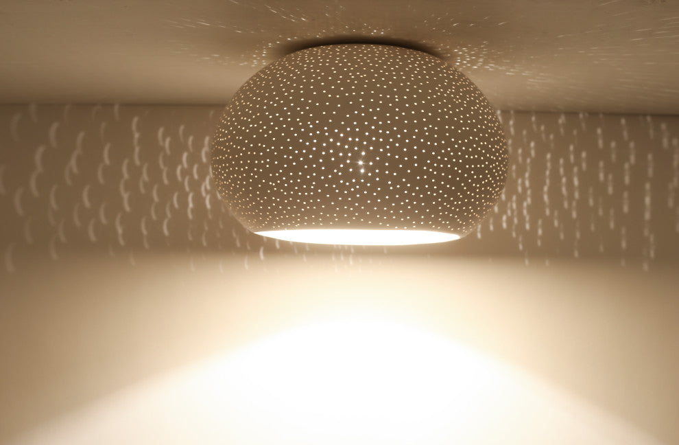CLAYLIGHT FLUSH MOUNT 12": Minimal Lighting | Ceramic Hanging Lamp, Dot Patten, Incandescent Bulb