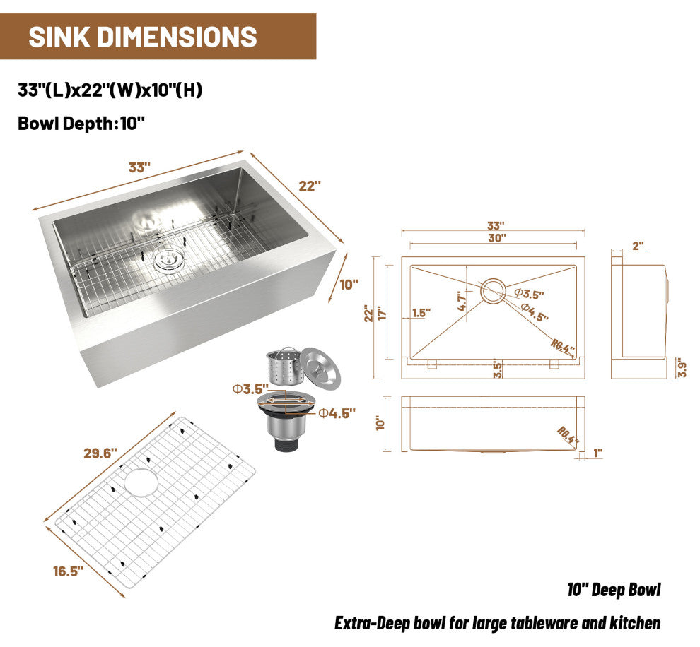 Stainless Steel Farmhouse Single Bowl Kitchen Sink with Accessories