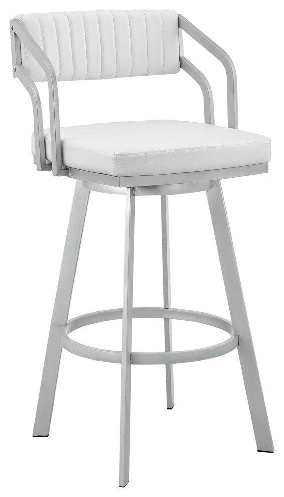Benzara BM282093 Swivel Counter Stool, Open Back, Silver, White Faux Leather