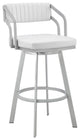 Benzara BM282093 Swivel Counter Stool, Open Back, Silver, White Faux Leather