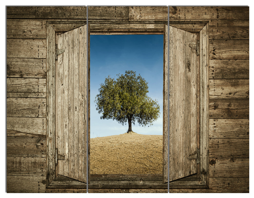 Window Open To Solitary Tree, Modern Landscape Canvas Art, 36x28, 3 Panels