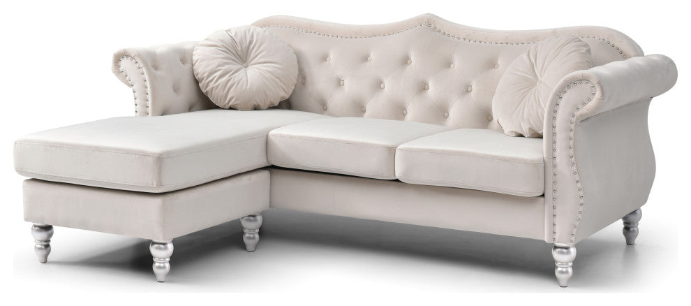 Hollywood Velvet Tufted sofa With Reversible Chaise, Ivory