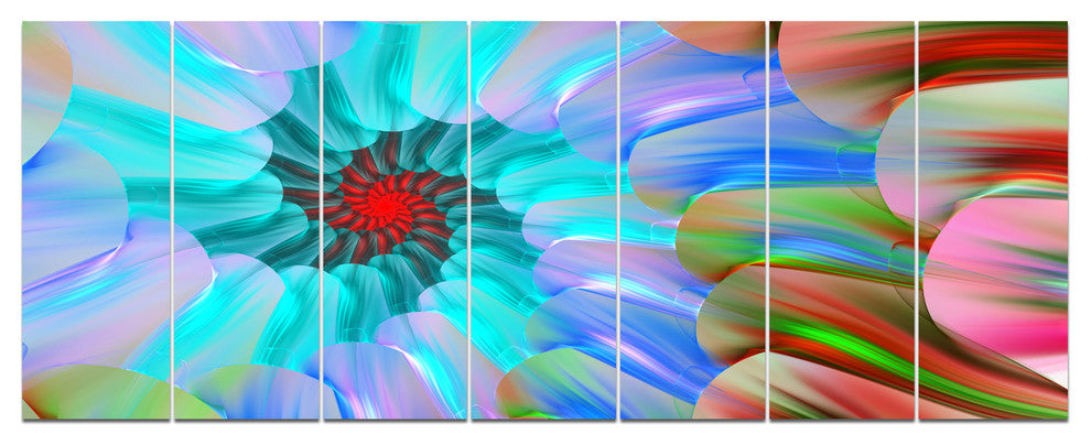 Blue Colored Stain Glass with Spirals, Floral Canvas Print, 83"x32", 7 Panels