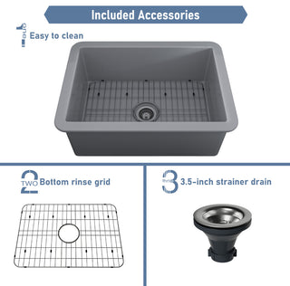 27in Undermount Single Bowl Fireclay Kitchen Sink with Grid and Drainer, Matte Gray