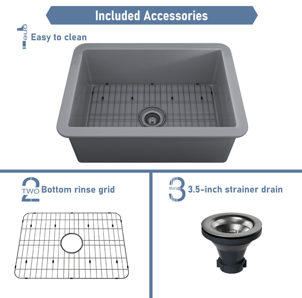 27in Undermount Single Bowl Fireclay Kitchen Sink with Grid and Drainer, Matte Gray