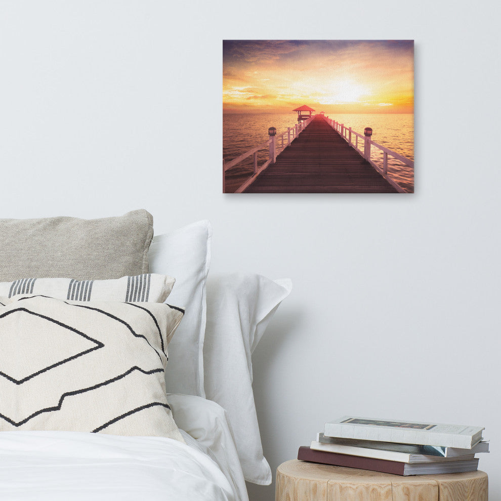 Surreal Wooden Pier at Sunset Landscape Photo Canvas Wall Art Prints, 16" X 20"