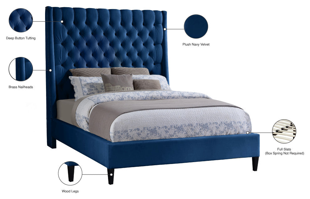 Fritz Velvet Upholstered Bed, Navy, Full
