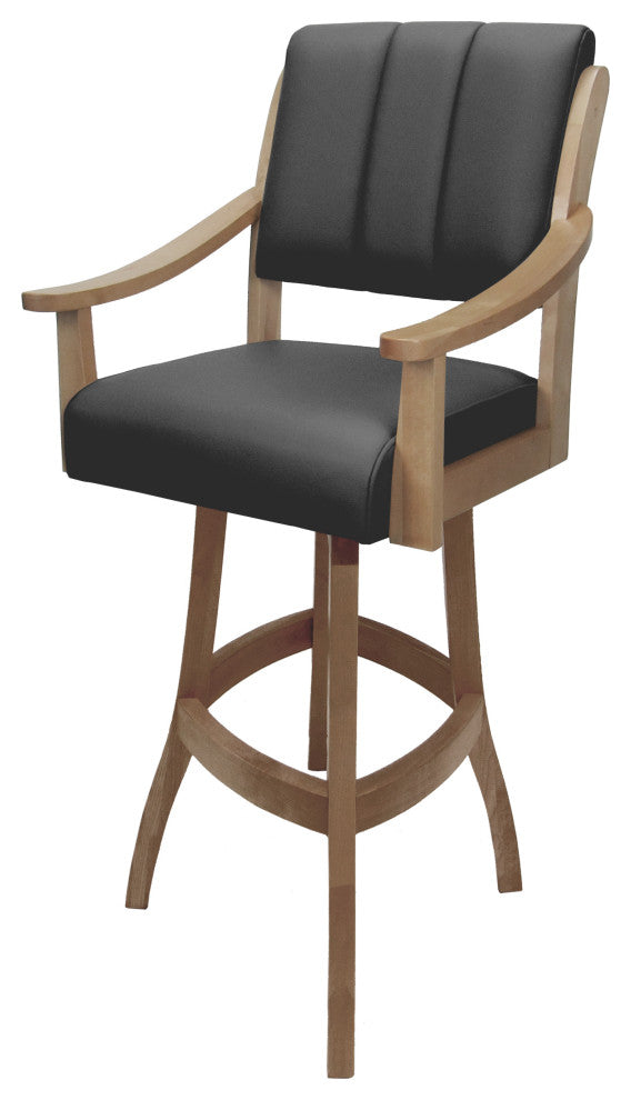 Leather Swivel Wood Bar Stool Casa on S-Base, Gray Leather on Cashew, 34"