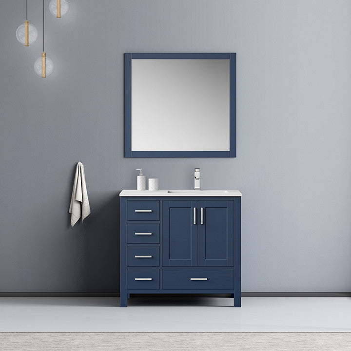 Jacques 36" Vanity, Wht Carrara Marble Top w/ 34" Mirror, Navy Blue, Right