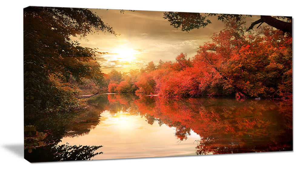 Colorful Fall Sunset over River, Landscape Canvas Art Print, 32"x16"