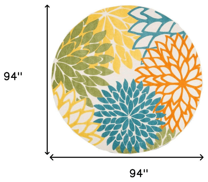 8' X 8' Turquoise Round Floral Non Skid Indoor Outdoor Area Rug