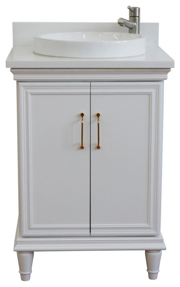 25" Single Vanity, White Finish With White Engineered Stone Top And Round Sink