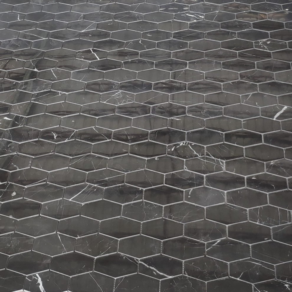 Nero Marquina Black Marble Elongated Hexagon Mosaic Tile Polished, 1 sheet